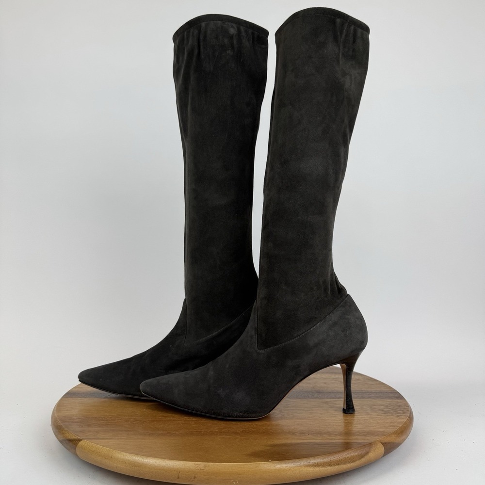 Womens Manolo Blahnik Pamfilo Stretch Gray Suede Pull‎ On Stiletto Boots Size 40 - Picture 2 of 11